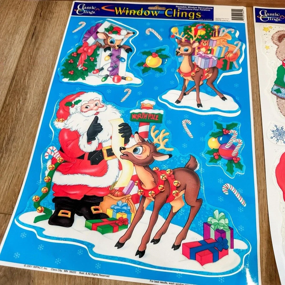 VTG 2000's (2) Christmas Window Clings Decals‎ Santa Reindeer Teddy Bears